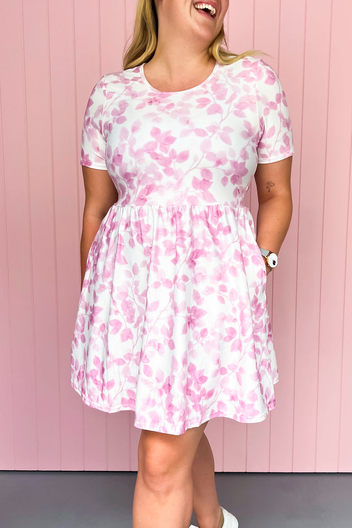 Blush Foliage - Mini Dress - Short Sleeve - Pockets