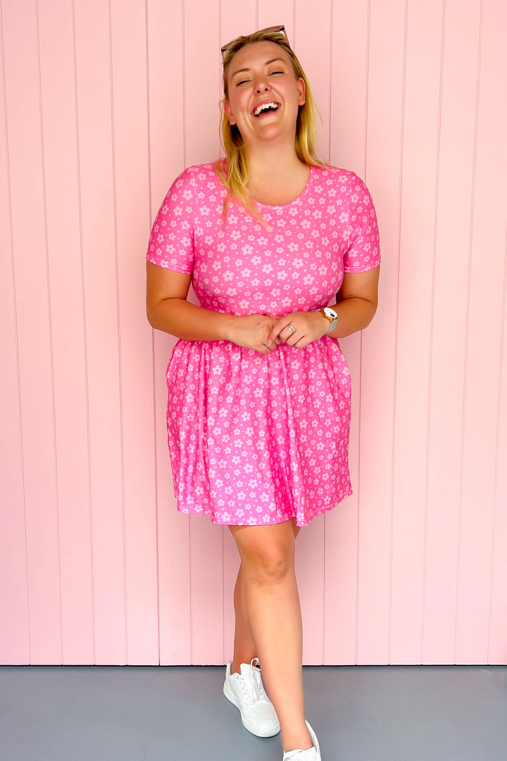 Pink Daisy Confetti - Mini Dress - Short Sleeve - Pockets