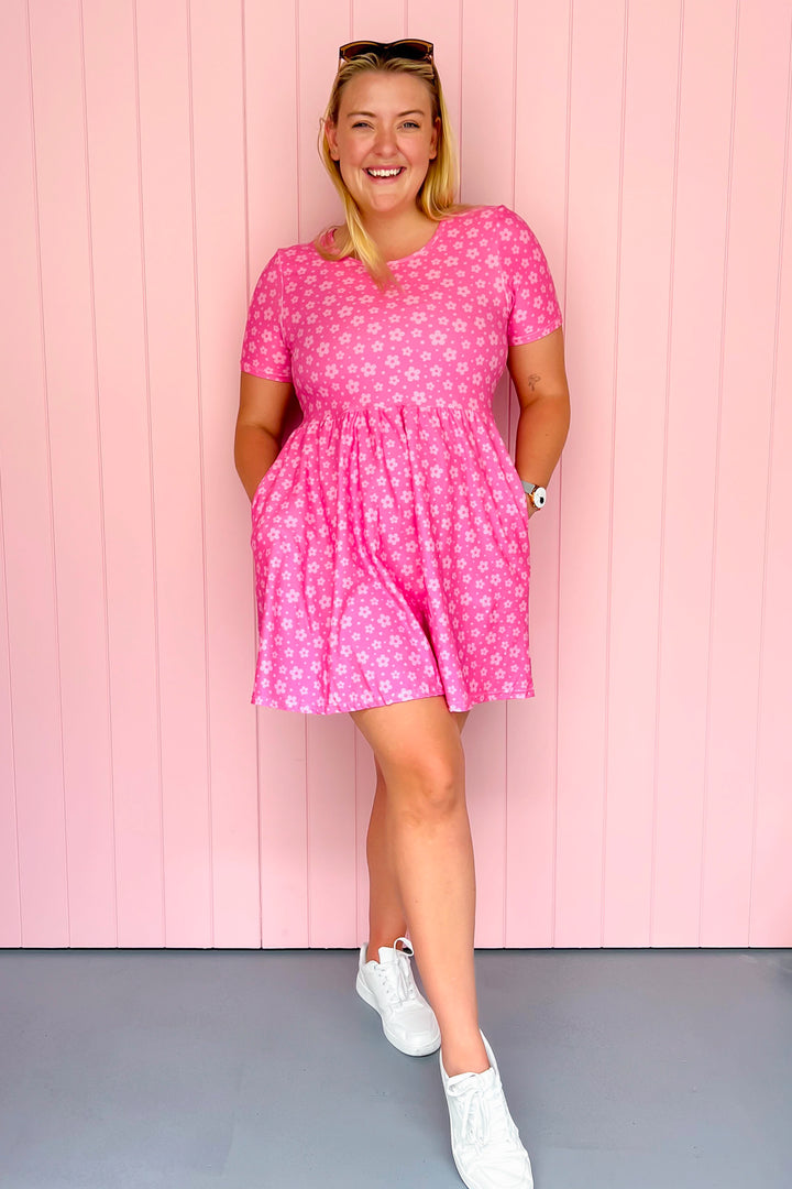 Pink Daisy Confetti - Mini Dress - Short Sleeve - Pockets
