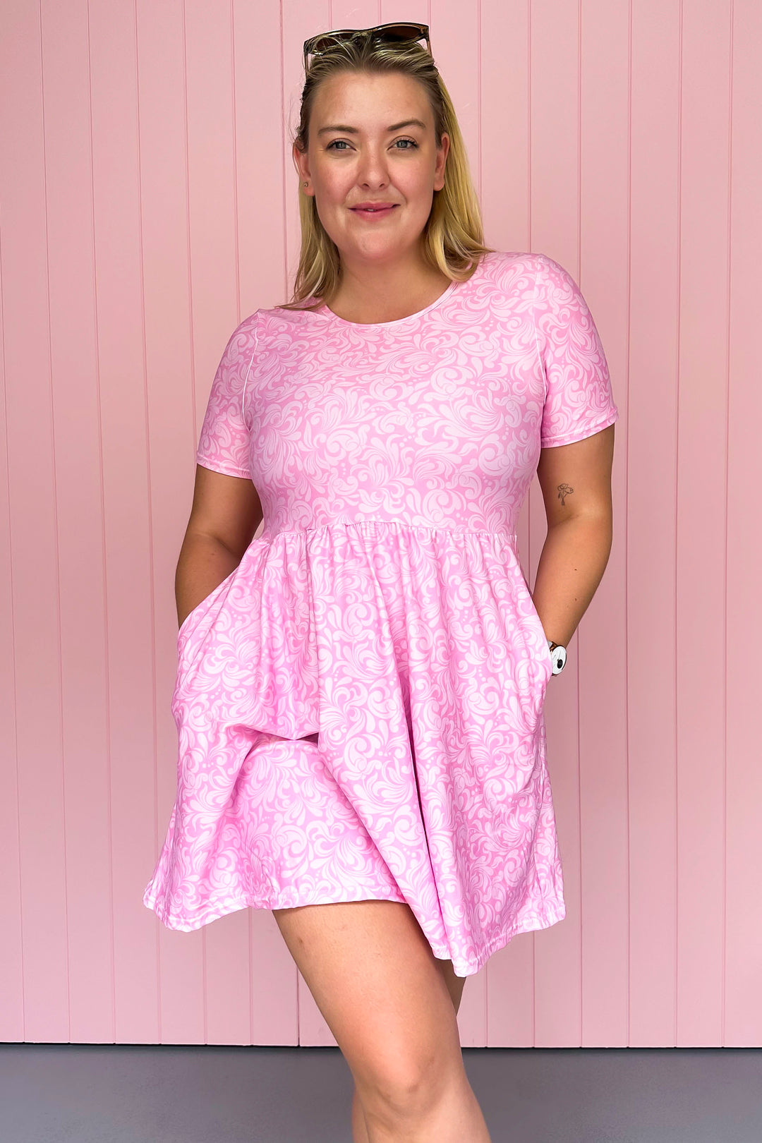 Pink Damask - Mini Dress - Short Sleeve - Pockets