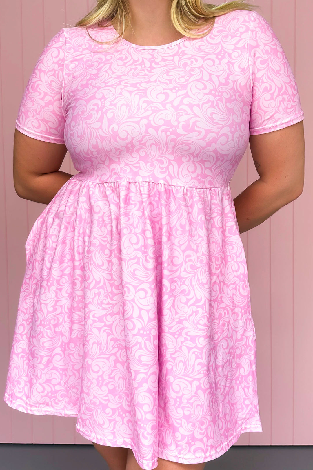 Pink Damask - Mini Dress - Short Sleeve - Pockets