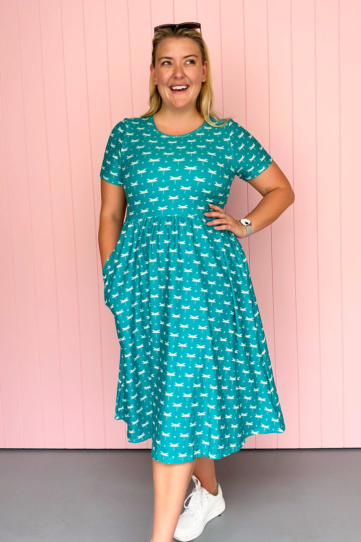 Teal Dragonfly - Midi Dress - Short Sleeve - Pockets