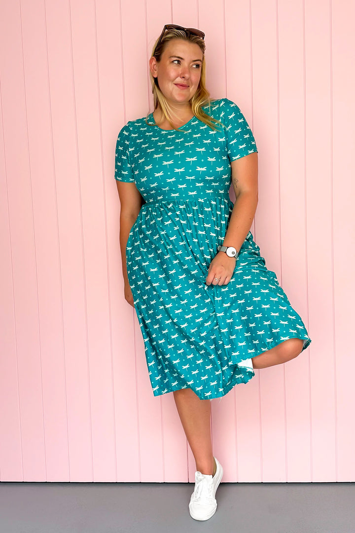 Teal Dragonfly - Midi Dress - Short Sleeve - Pockets
