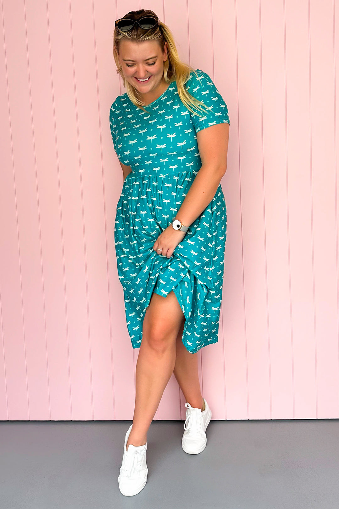 Teal Dragonfly - Midi Dress - Short Sleeve - Pockets