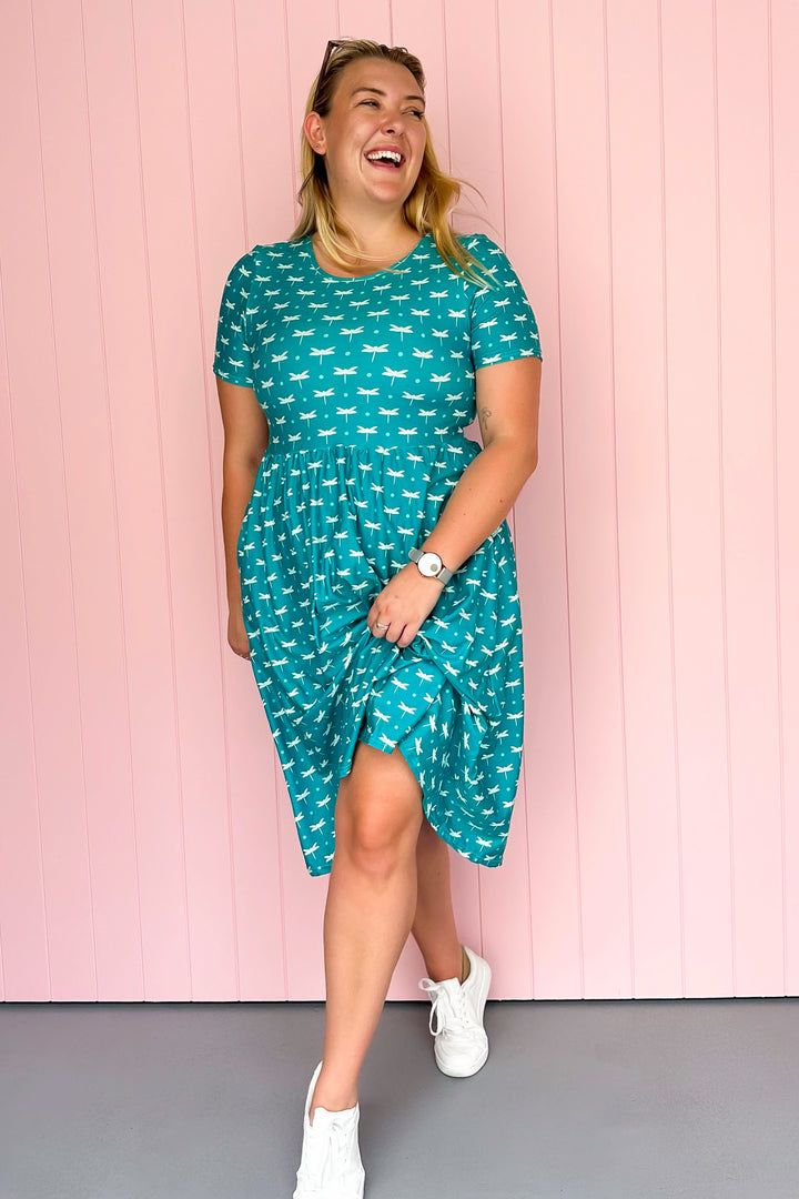 Teal Dragonfly - Midi Dress - Short Sleeve - Pockets