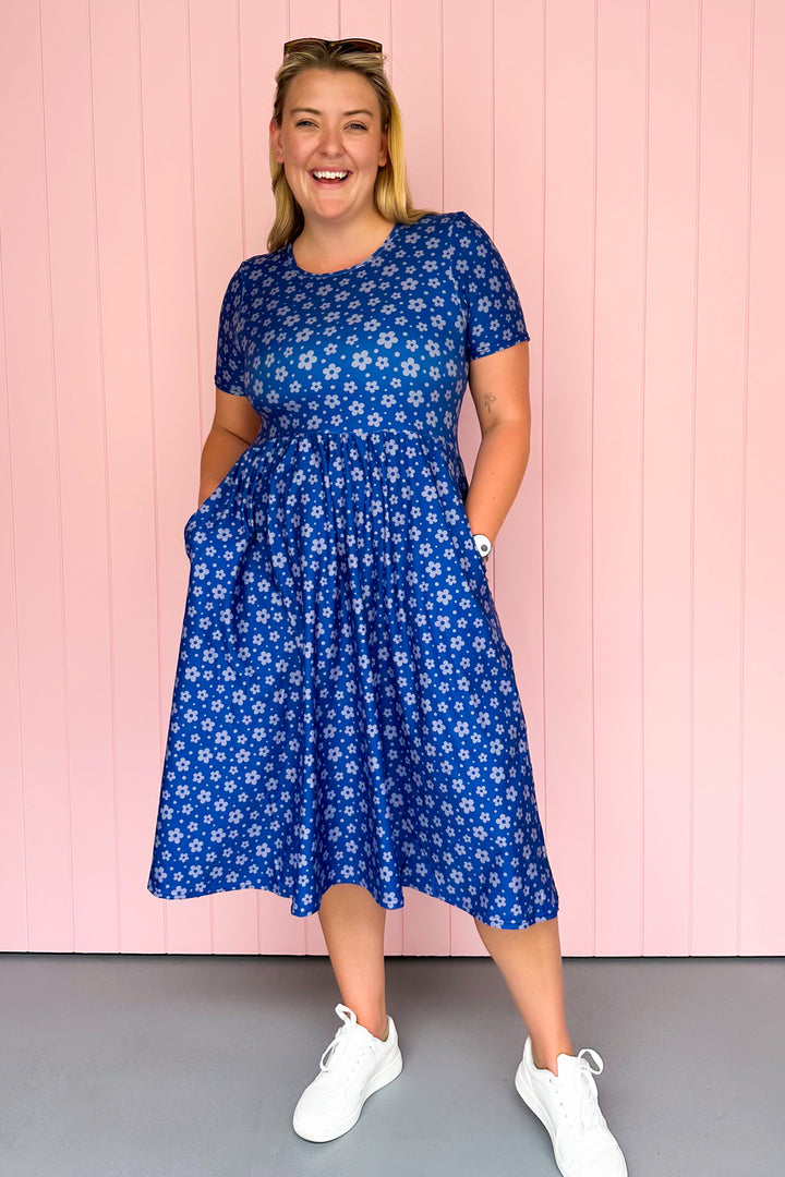 Navy Daisy Confetti - Midi Dress - Short Sleeve - Pockets