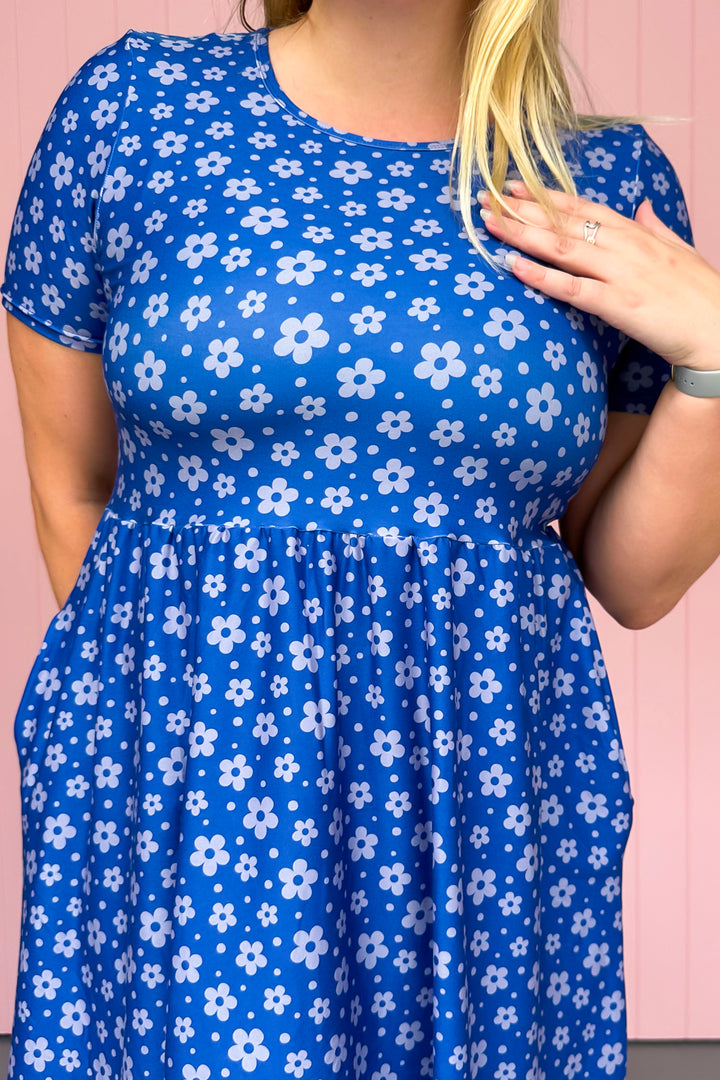 Navy Daisy Confetti - Midi Dress - Short Sleeve - Pockets