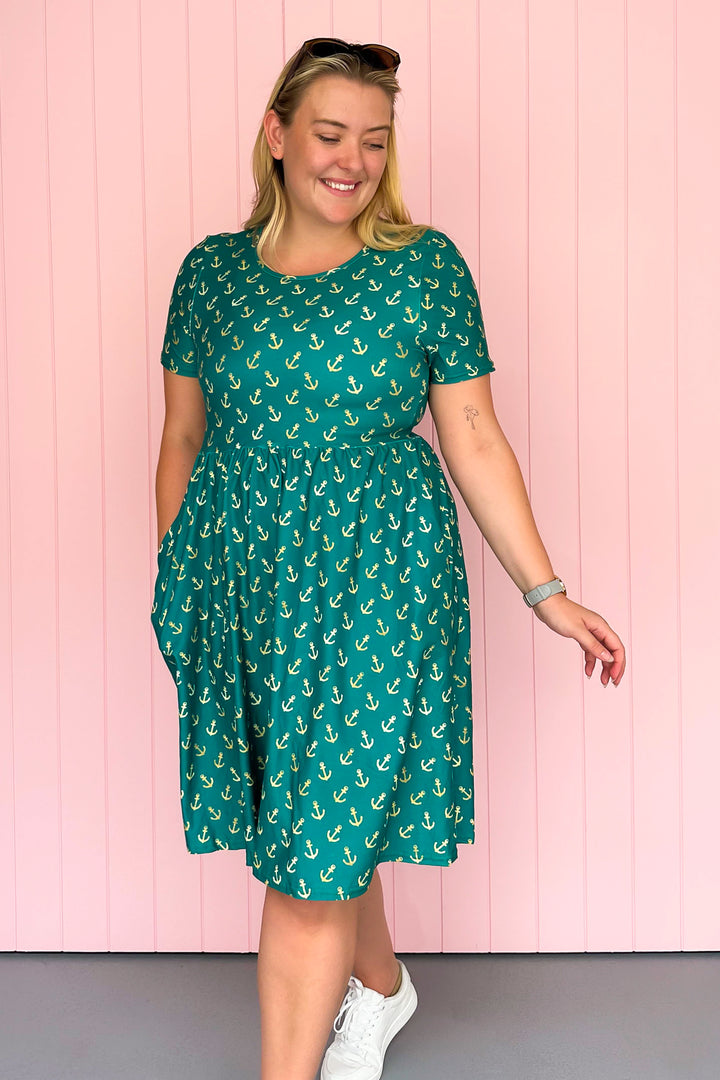 Teal & Gold Anchor Charm - Knee Length Dress - Short Sleeve - Pockets