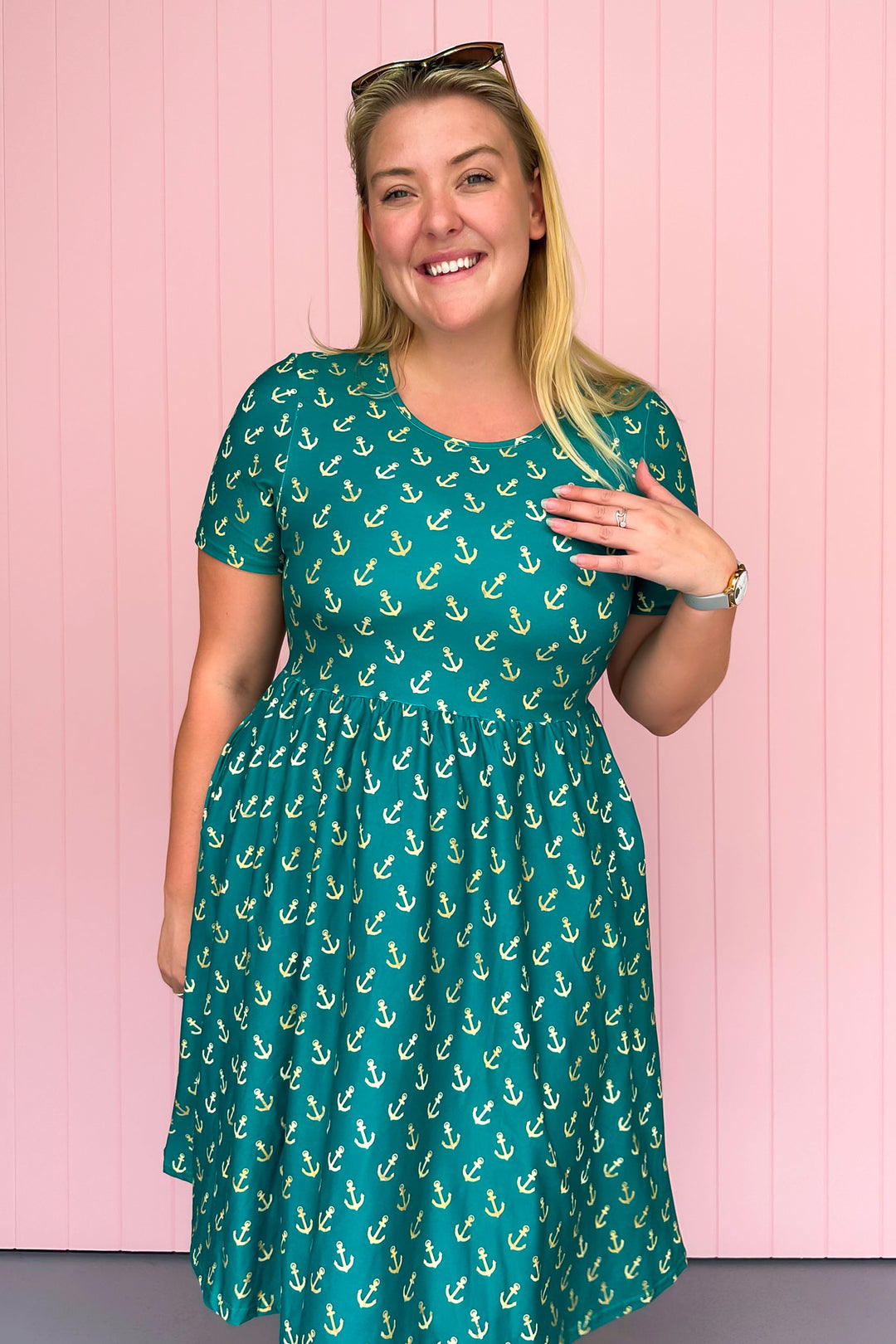 Teal & Gold Anchor Charm - Knee Length Dress - Short Sleeve - Pockets