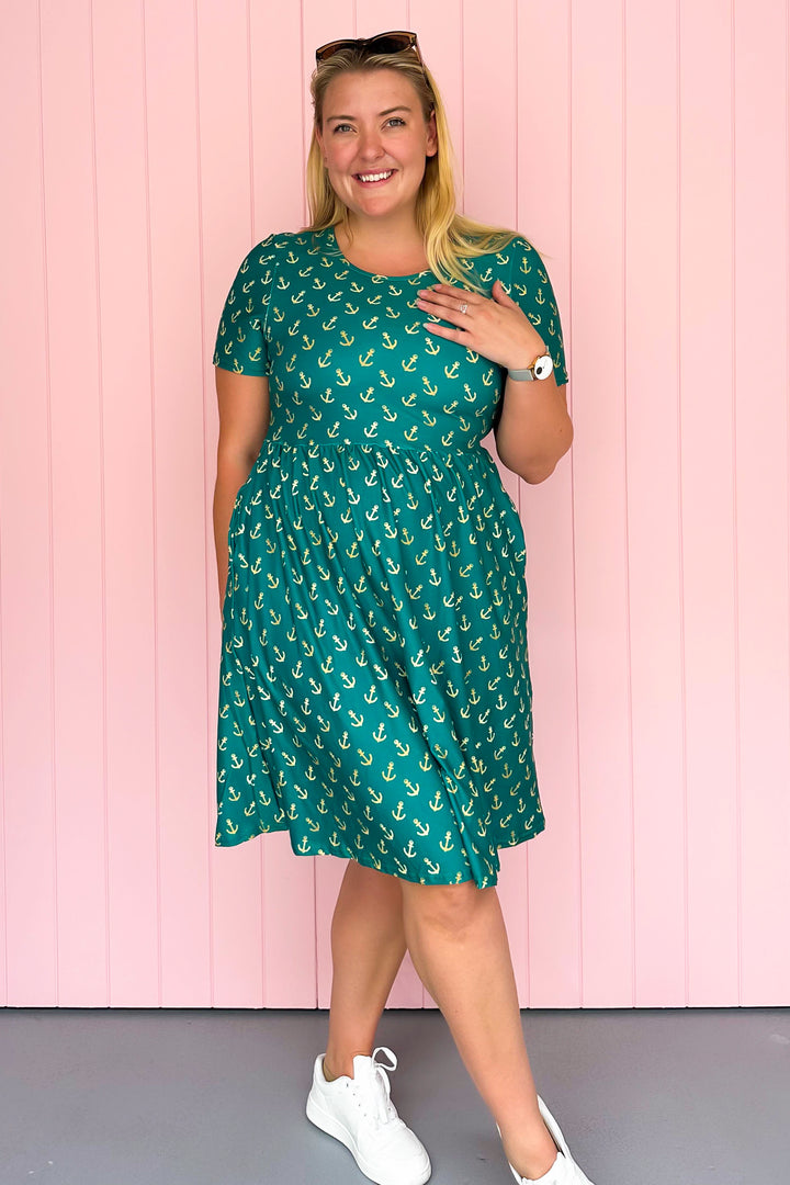 Teal & Gold Anchor Charm - Knee Length Dress - Short Sleeve - Pockets