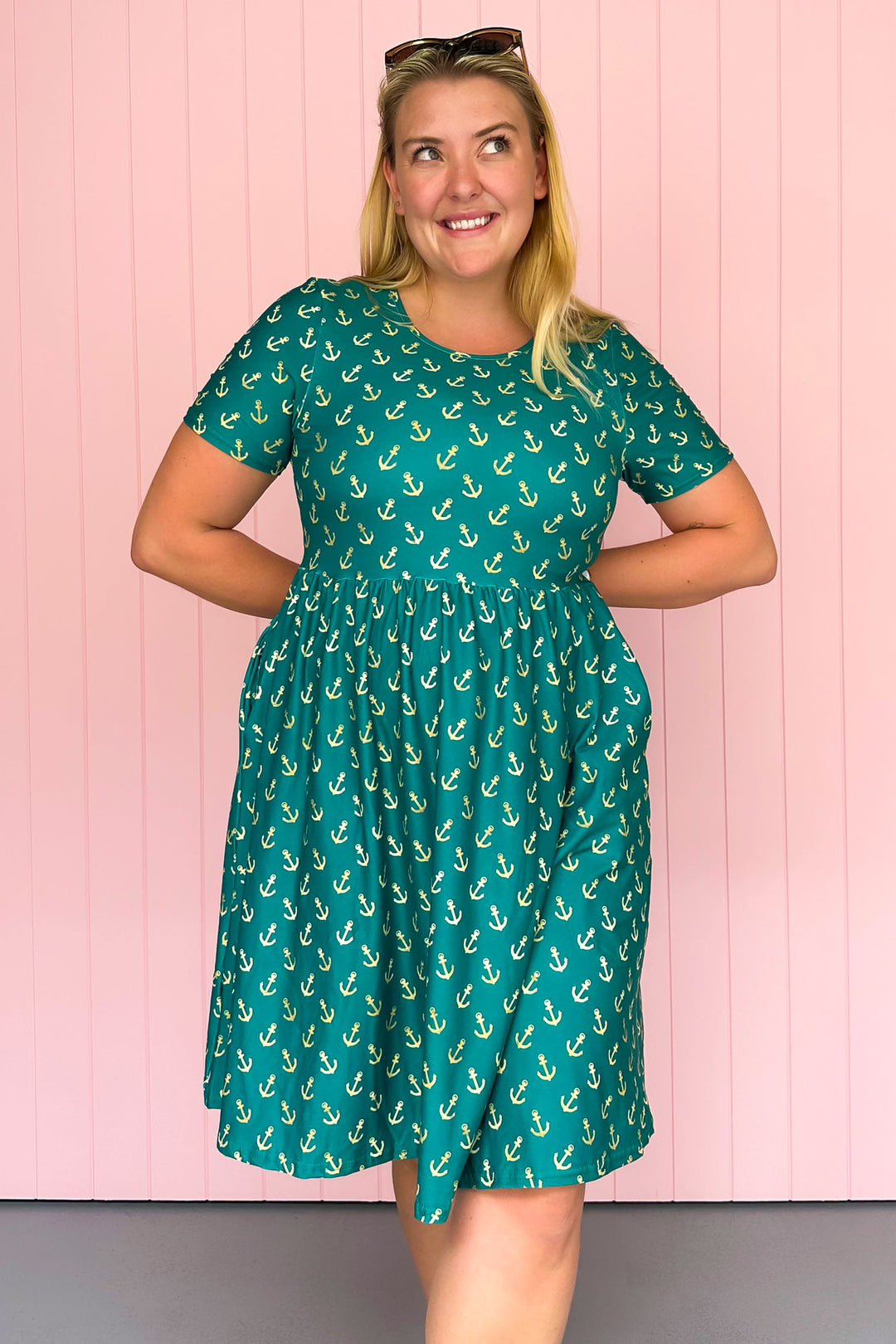 Teal & Gold Anchor Charm - Knee Length Dress - Short Sleeve - Pockets