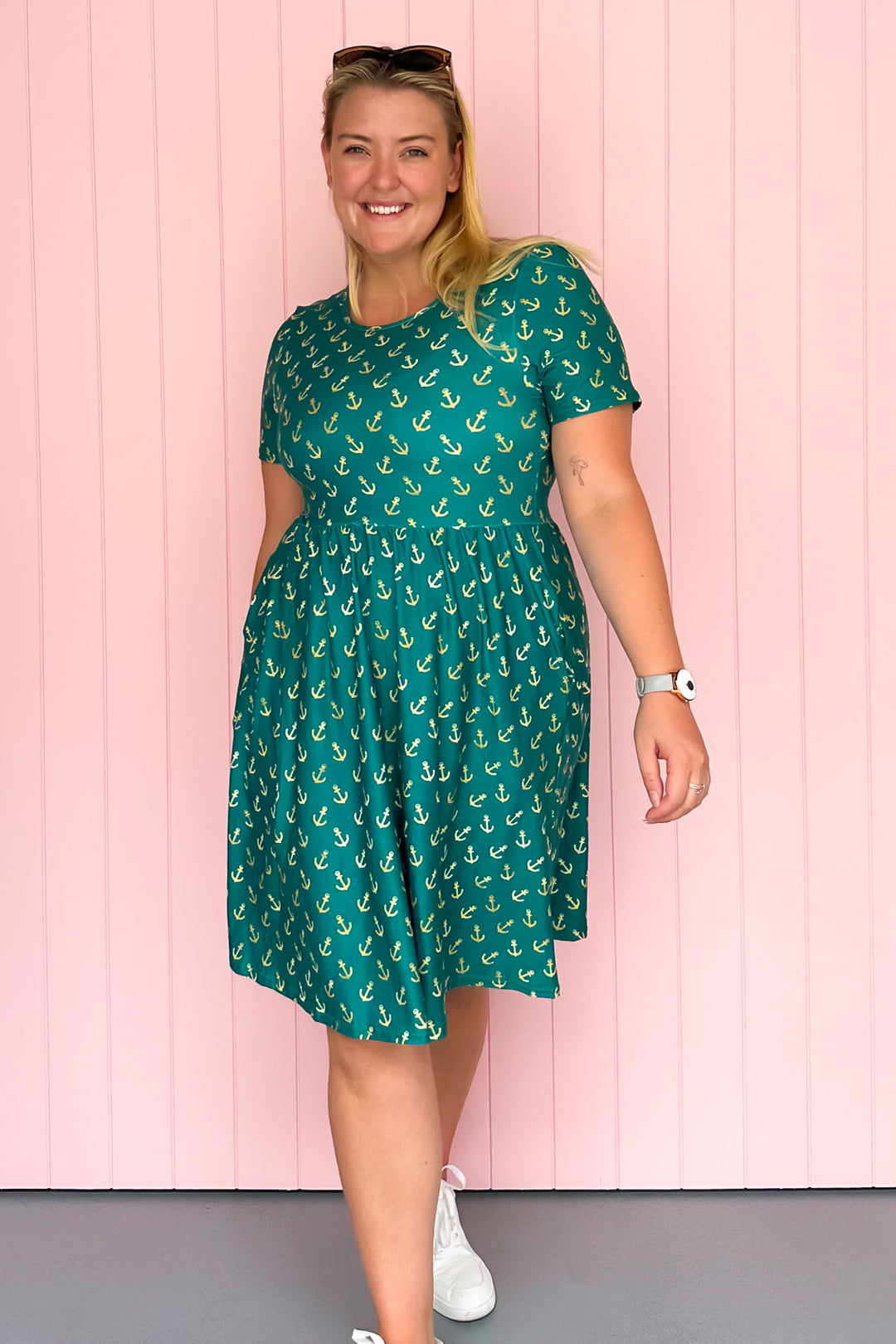 Teal & Gold Anchor Charm - Knee Length Dress - Short Sleeve - Pockets
