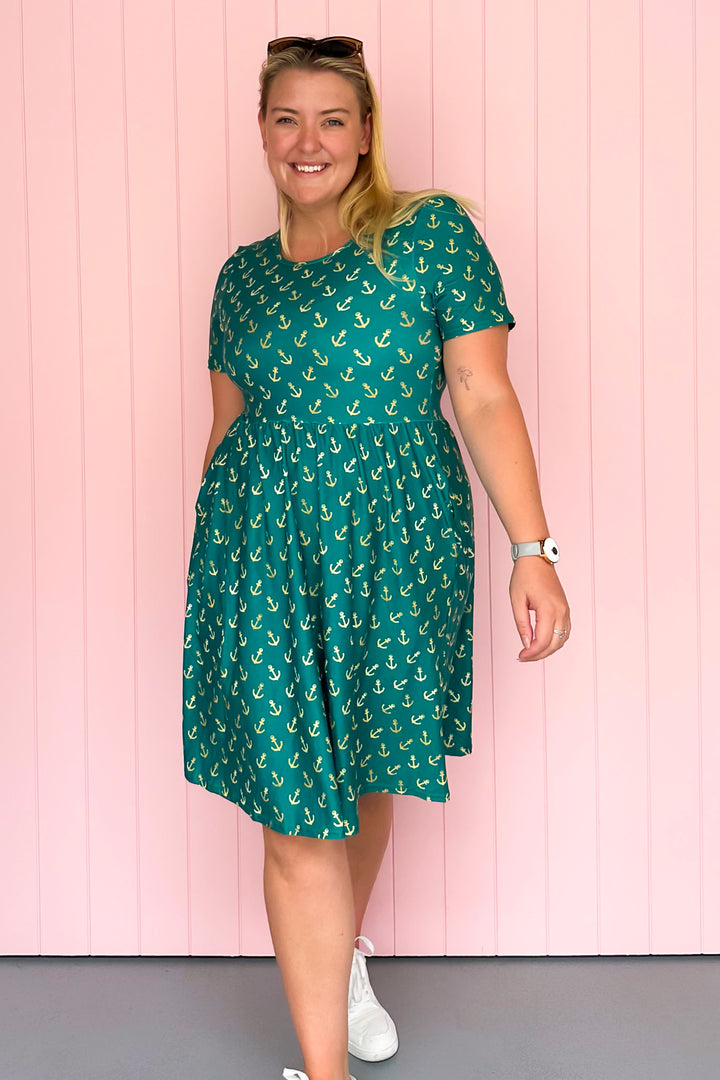 Teal & Gold Anchor Charm - Knee Length Dress - Short Sleeve - Pockets
