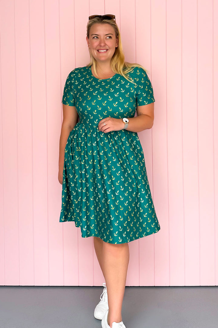 Teal & Gold Anchor Charm - Knee Length Dress - Short Sleeve - Pockets