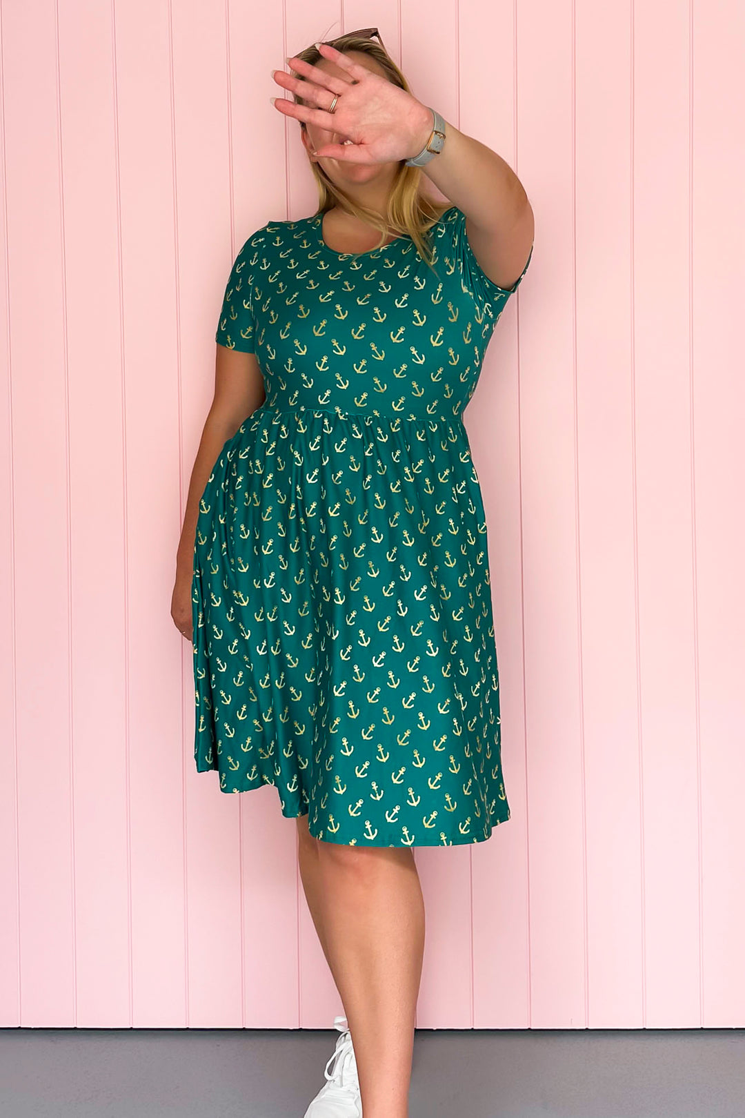 Teal & Gold Anchor Charm - Knee Length Dress - Short Sleeve - Pockets
