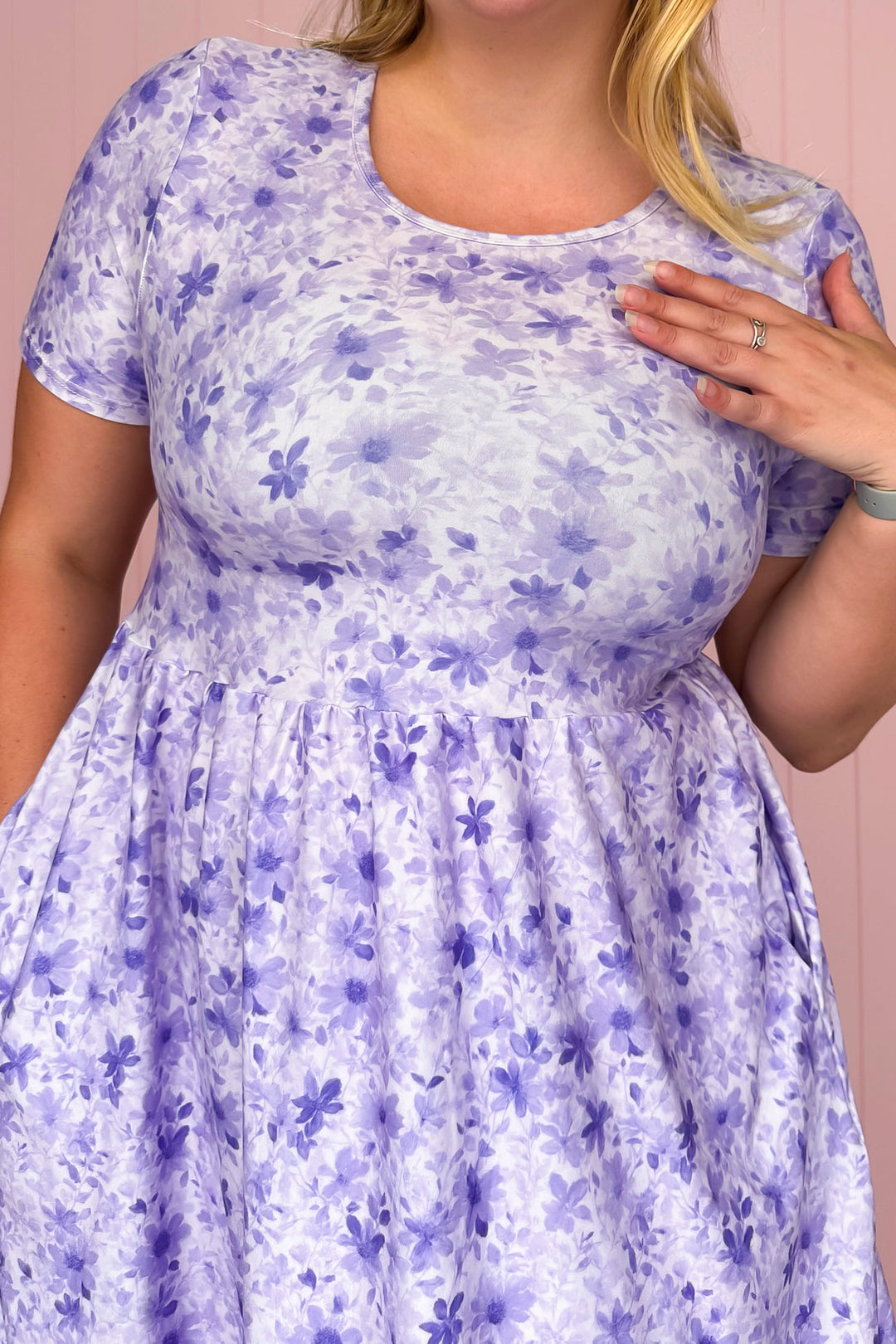 Purple Meadow Mist - Knee Length Dress - Short Sleeve - Pockets