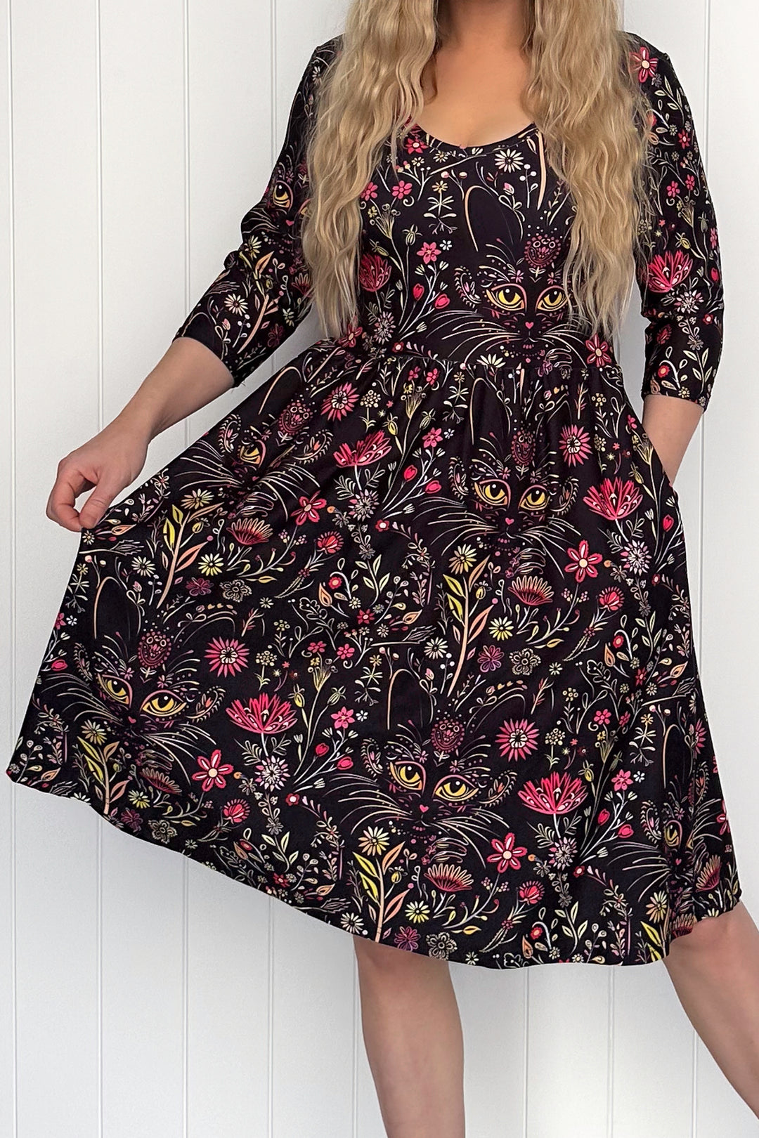 Whiskers & Wildflowers - 3/4 Sleeve - Knee Length Dress - Pockets