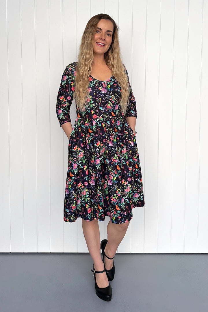 Birds and Blooms - 3/4 Sleeve - Knee Length Dress - Pockets