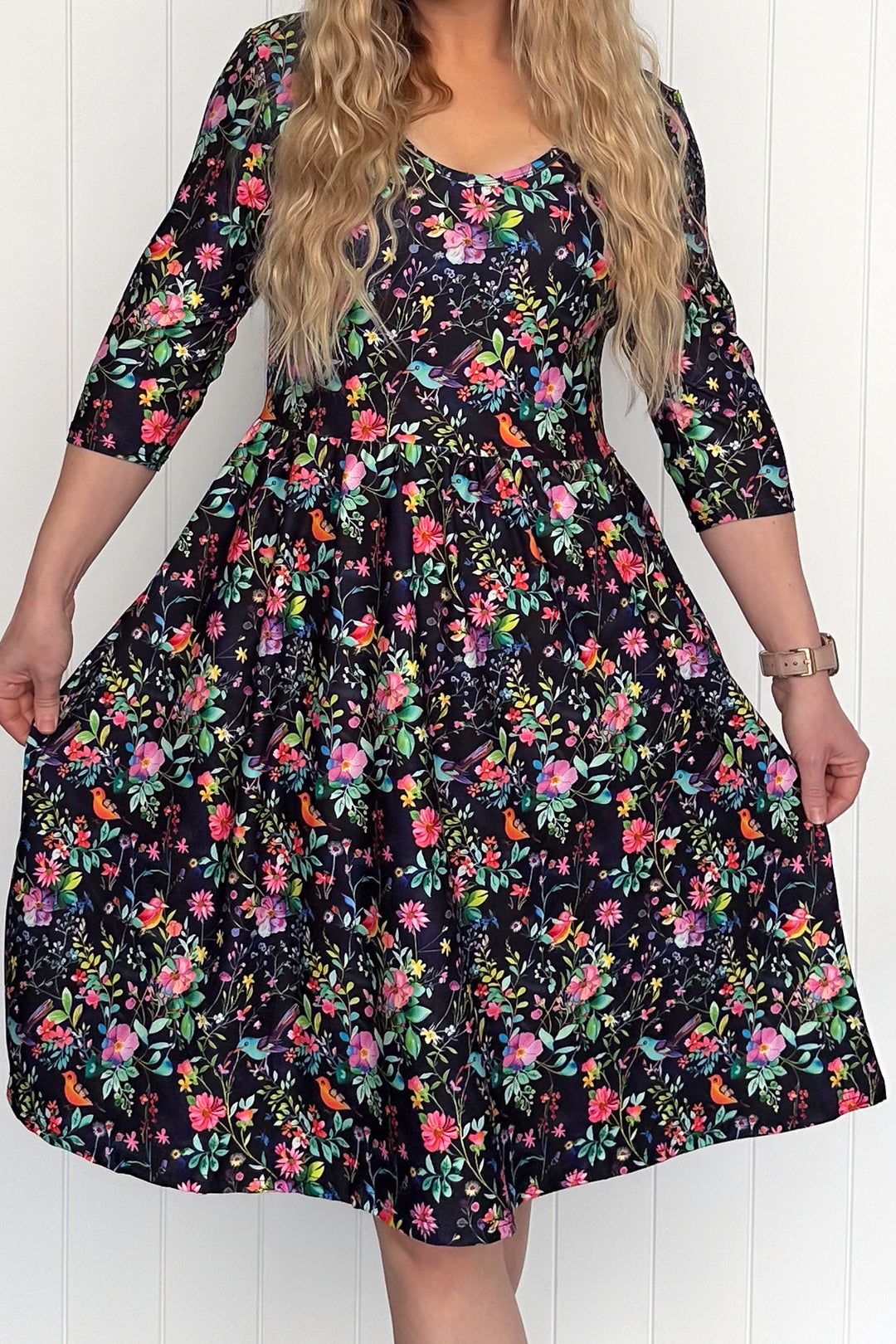 Birds and Blooms - 3/4 Sleeve - Knee Length Dress - Pockets