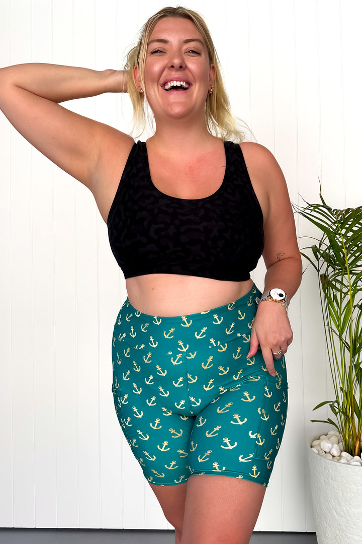 Teal & Gold Anchor Charm - Casual - Mid Shorts - Pockets