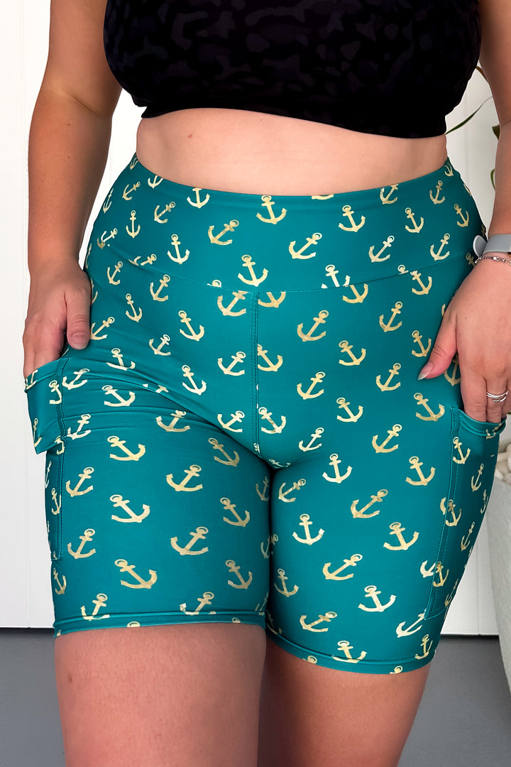 Teal & Gold Anchor Charm - Casual - Mid Shorts - Pockets