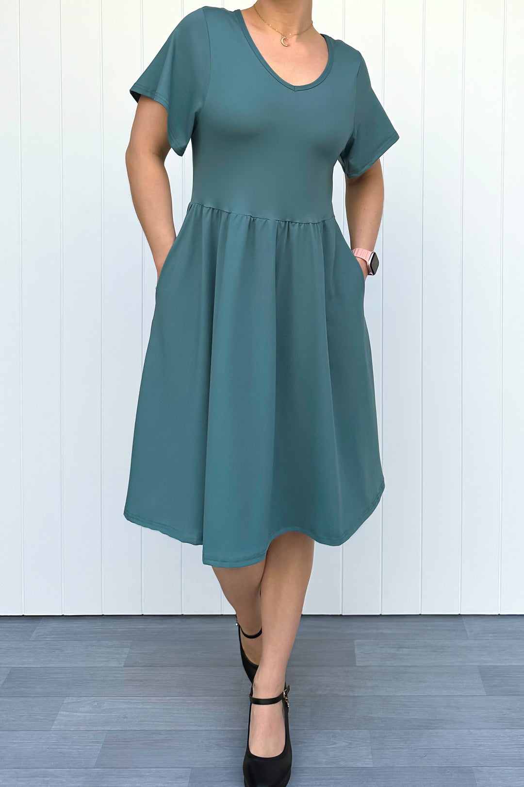 Teal - Knee Length Dress - Flutter Sleeve - Pockets