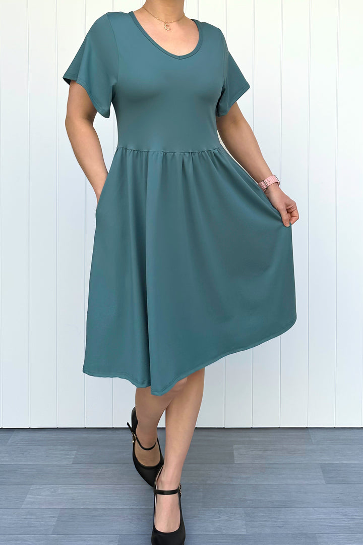 Teal - Knee Length Dress - Flutter Sleeve - Pockets