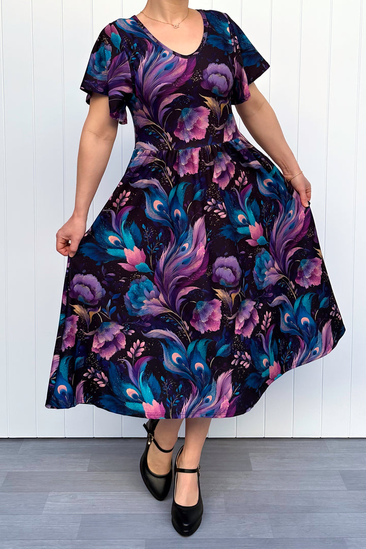 Peacock Petals - Midi Dress - Flutter Sleeve - Pockets