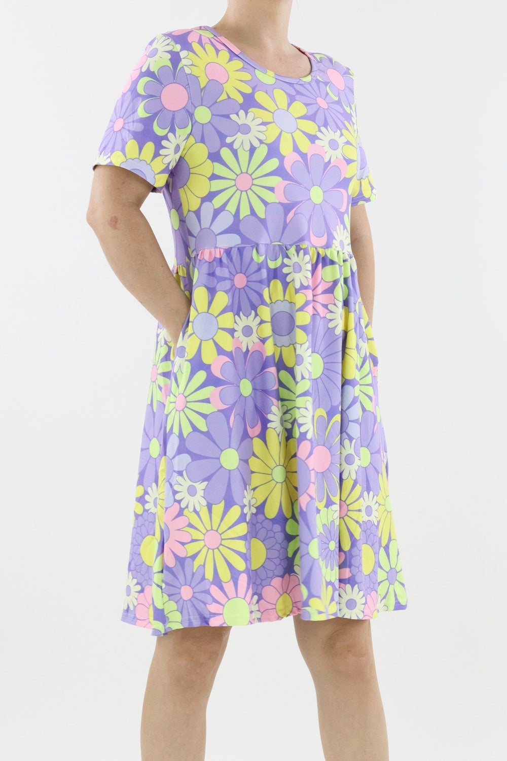 Candy Flower - Short Sleeve Skater Dress - Knee Length - Side Pockets Knee Length Skater Dress Pawlie   